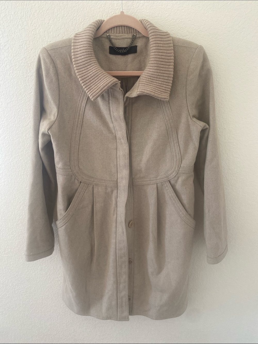 Tibi New York Wool Blend Merino Collar Fully Lined Long Coat Taupe Size 4